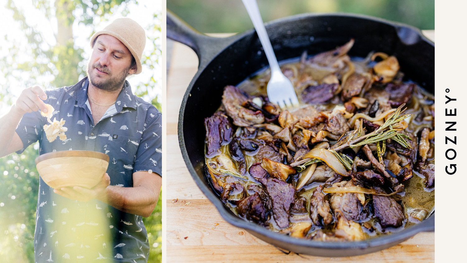 Chef Brad Leone serving his Beef Short Ribs and Wild Mushrooms in a cast iron skillet