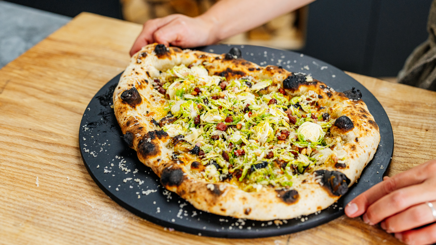 Brussels Sprouts Pizza on pizza server