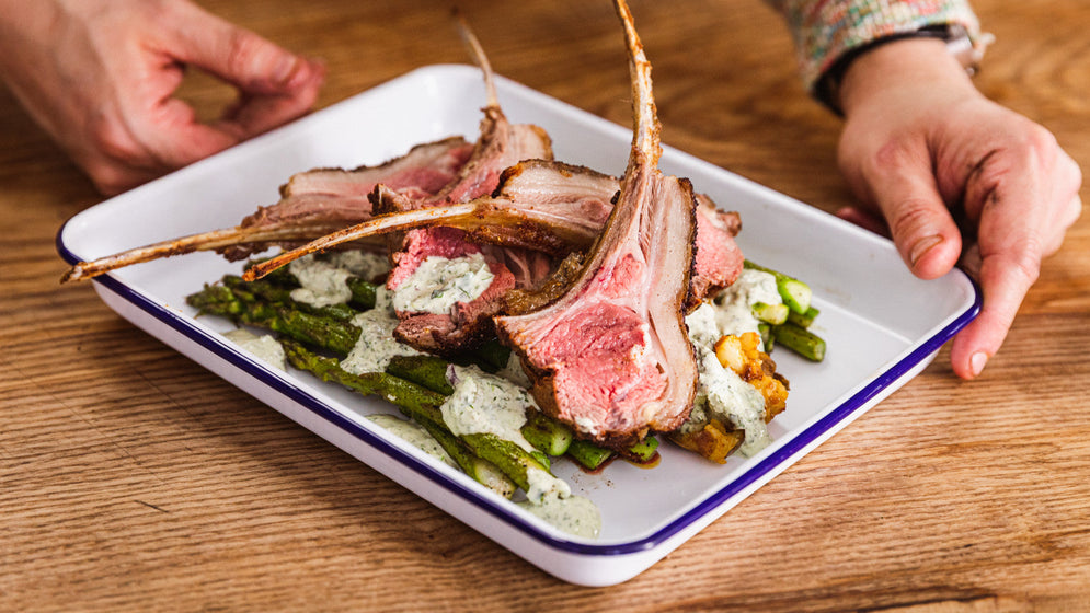 Rack of Lamb with Brinjal potatoes / Mint & Yoghurt Dressing – Gozney