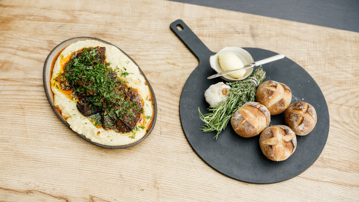 Beef Short Ribs, Mash and Bread Rolls recipe poster image