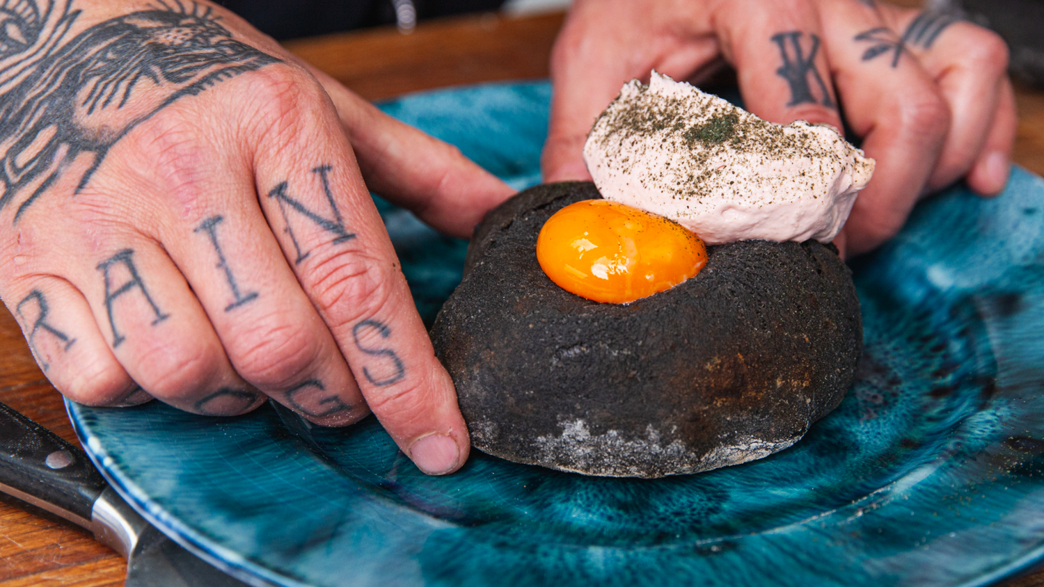Squid Ink Flatbread with Smoked Cod's Roe